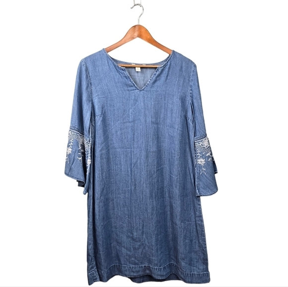 Cato Dresses & Skirts - Coastal Western Short Denim Dress Embroidered Ruffle Flared‎ Sleeve Womens Sz M